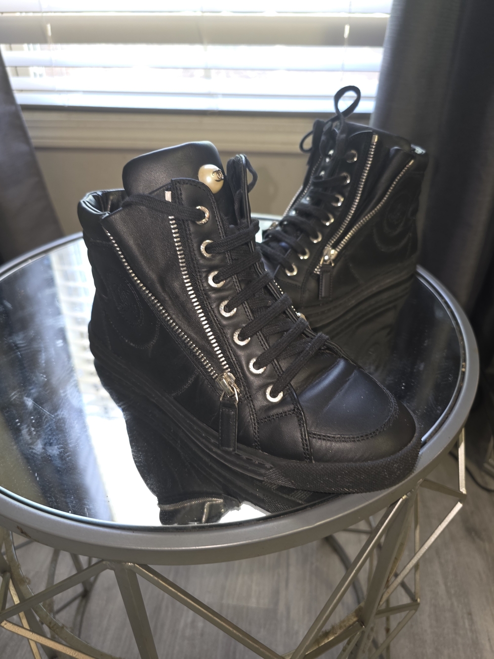 CHANEL Black Leather Lace-Up Ankle Boots with Side Zipper - Picture 2 of 4